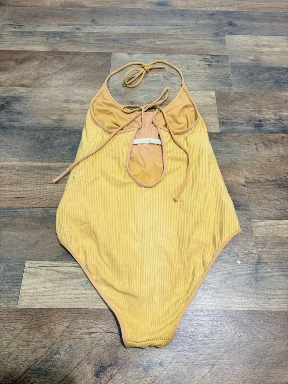 KIKIRIO Ribbed One Piece Mustard Yellow | Halter Tie Back Open Back Swim - Picture 2 of 5